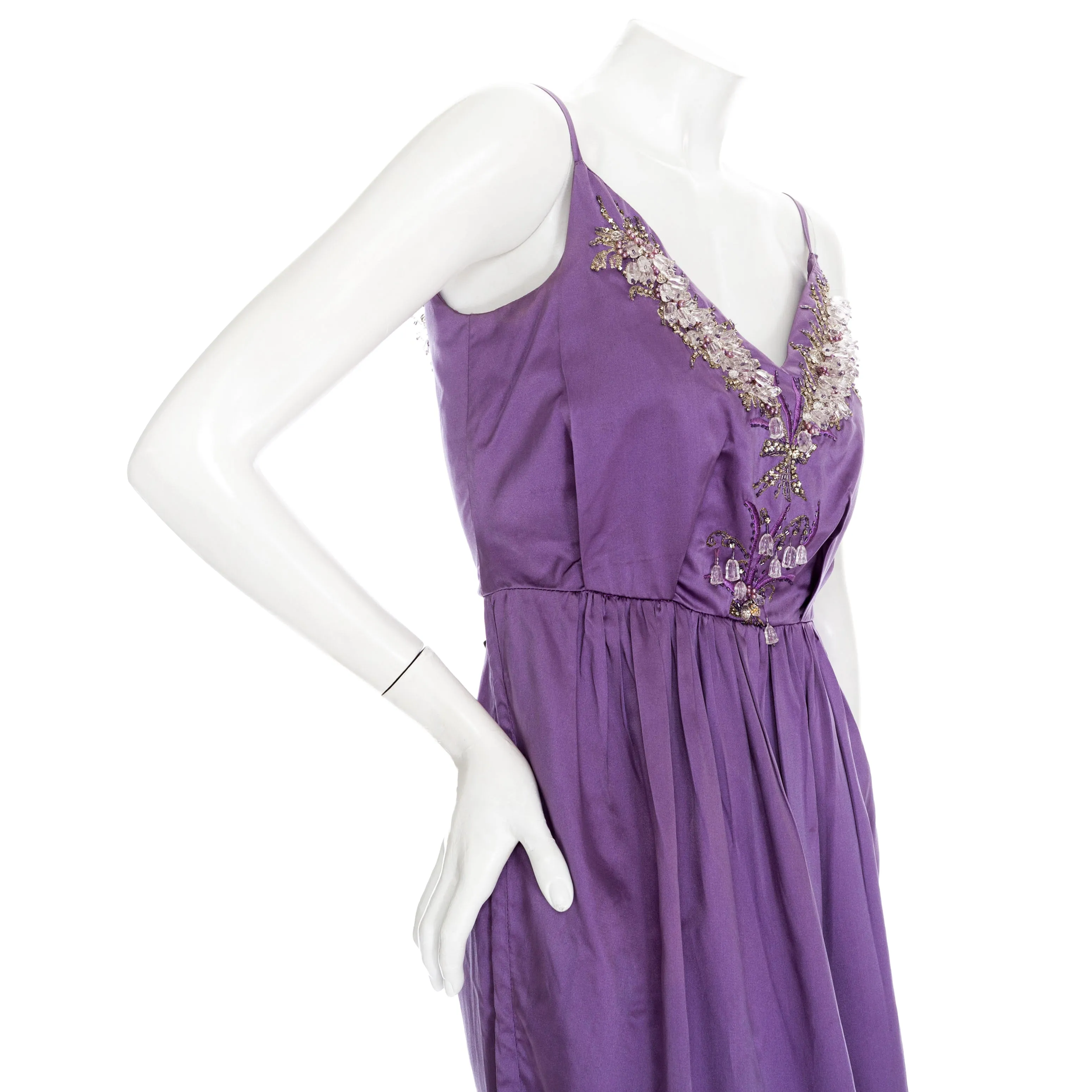 1960s Lilac Satin Floral Bead Embellished Dress