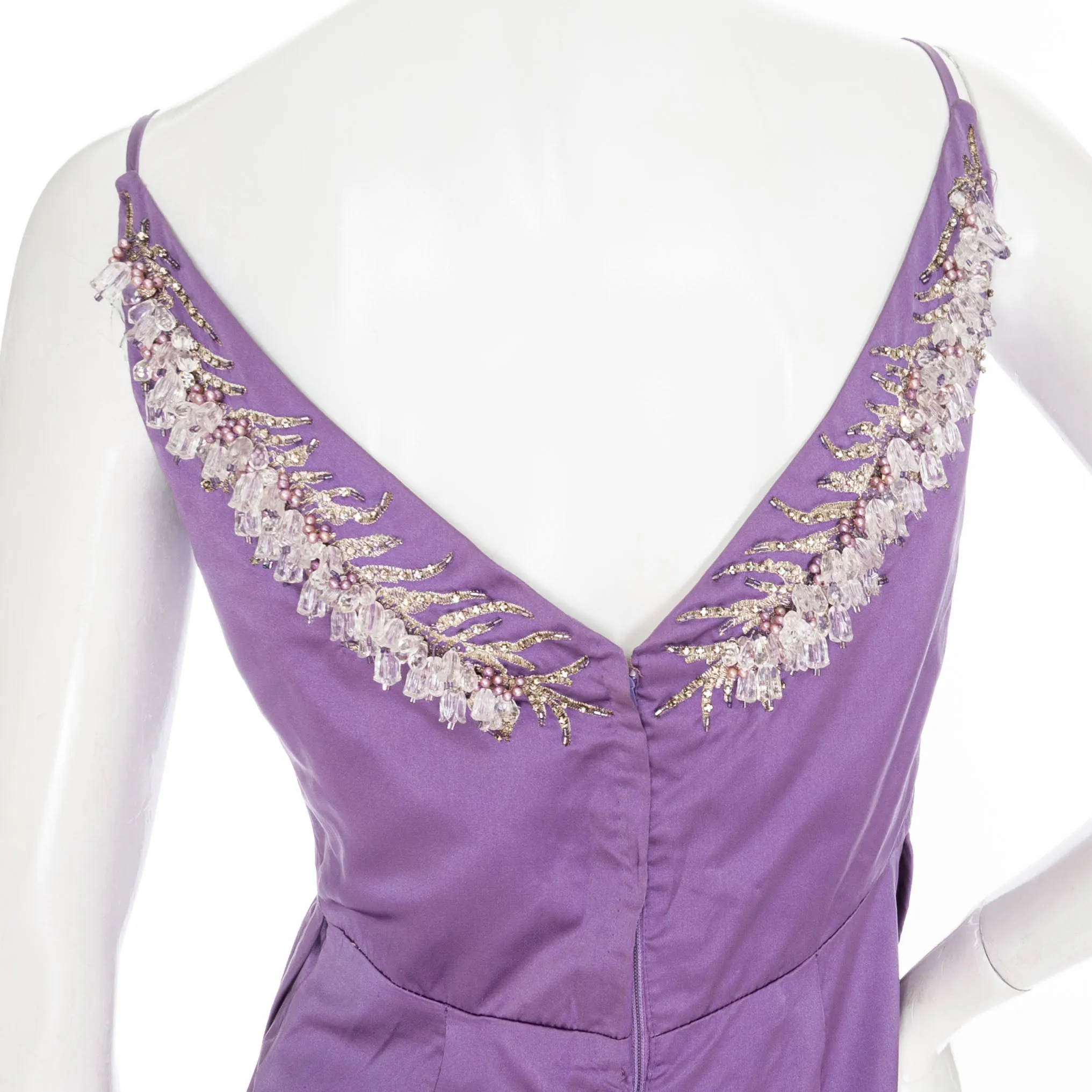 1960s Lilac Satin Floral Bead Embellished Dress