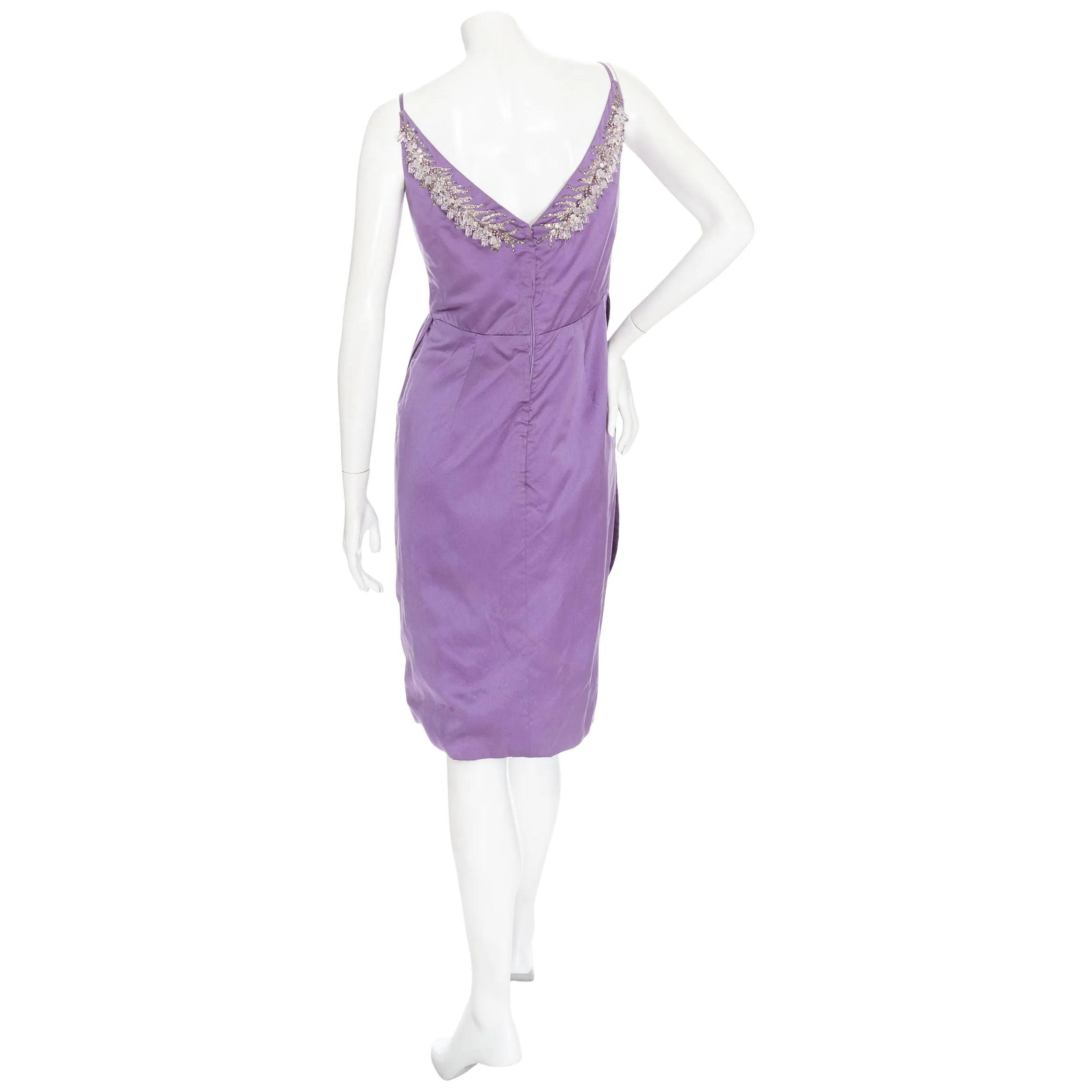 1960s Lilac Satin Floral Bead Embellished Dress