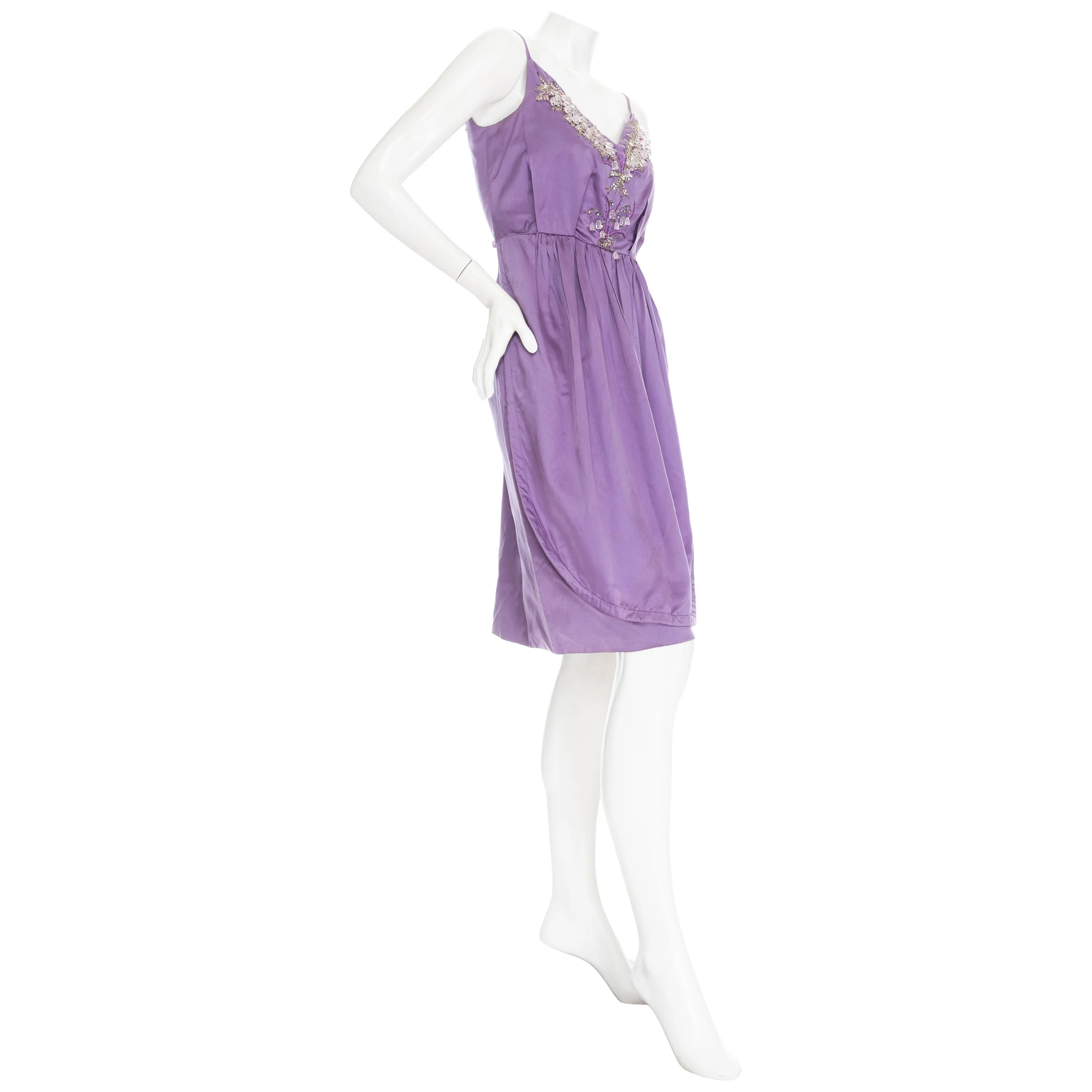 1960s Lilac Satin Floral Bead Embellished Dress