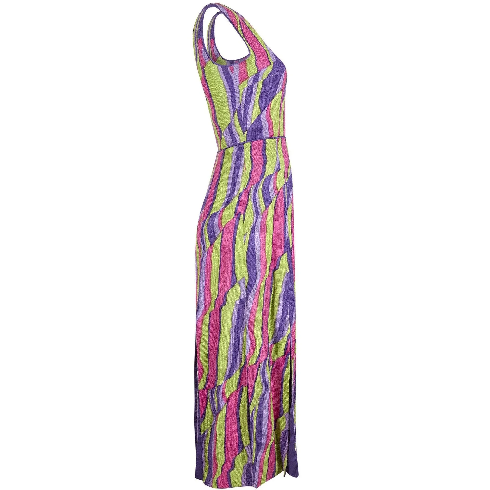 1960s Multicoloured Abstract Print Demi Couture Maxi Dress With Broad Tassel Hem