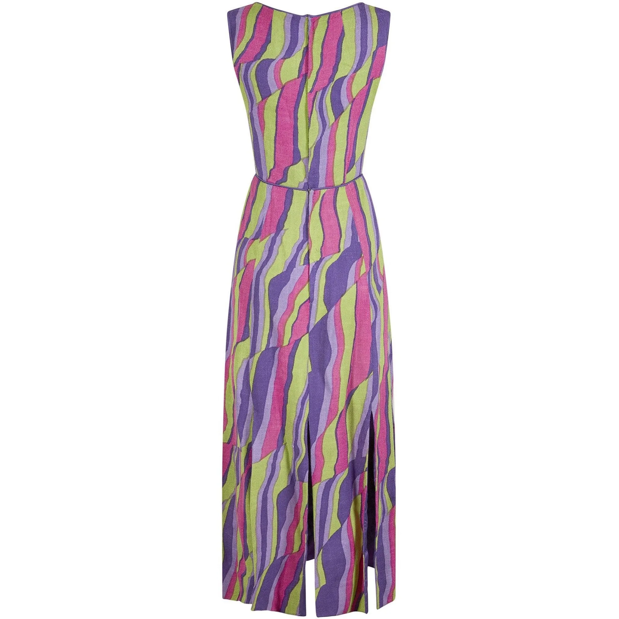 1960s Multicoloured Abstract Print Demi Couture Maxi Dress With Broad Tassel Hem