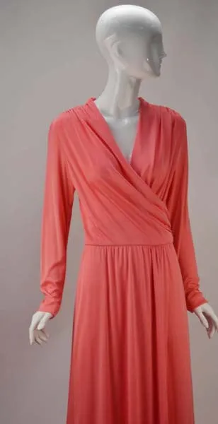 1970s Joy Stevens Coral Pink Maxi Dress