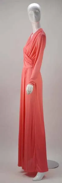 1970s Joy Stevens Coral Pink Maxi Dress