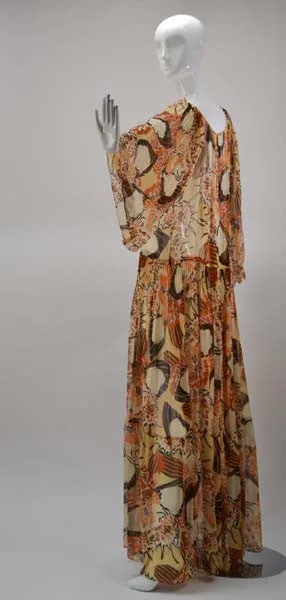 1970s Richilene Chiffon Floral Print Maxi Dress