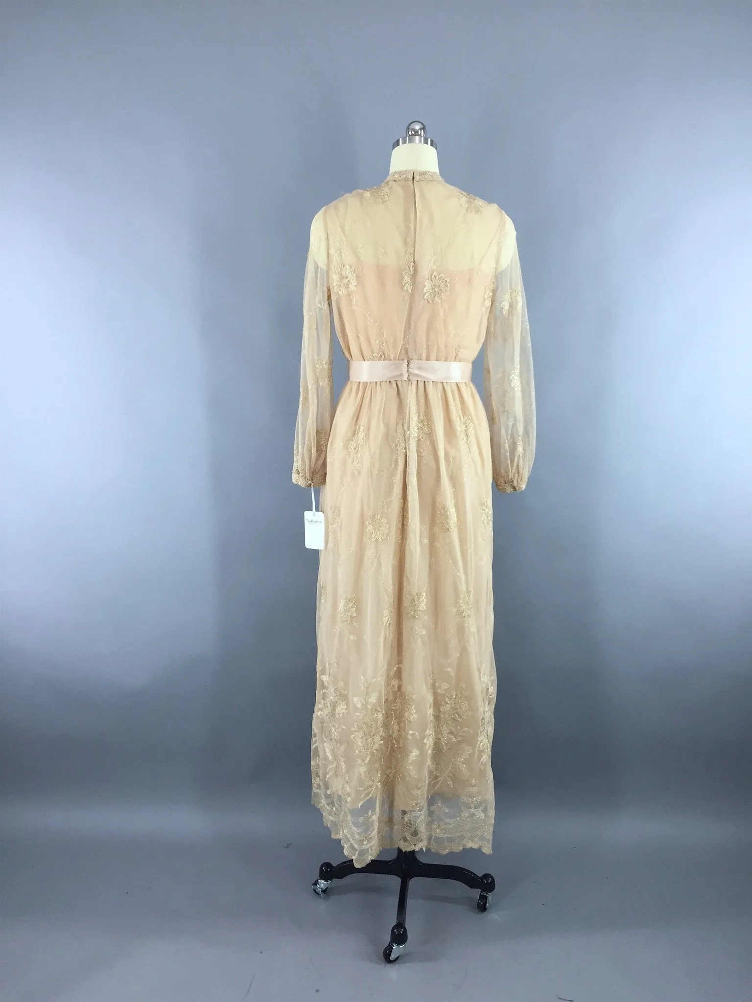 1970s Vintage Gold Lace Embroidered Maxi Dress