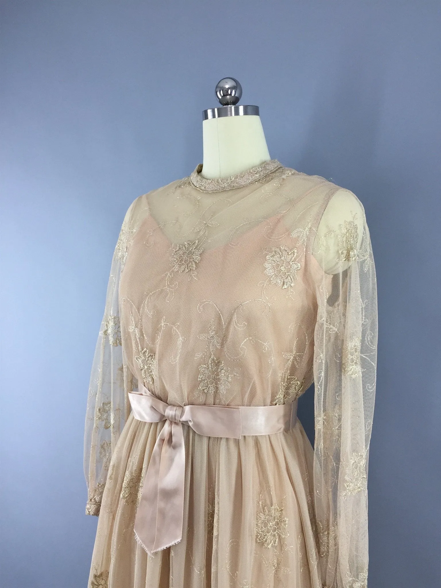 1970s Vintage Gold Lace Embroidered Maxi Dress