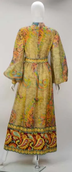 1970s Yellow Multi Print Embroidered Gown