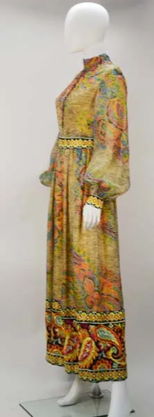 1970s Yellow Multi Print Embroidered Gown