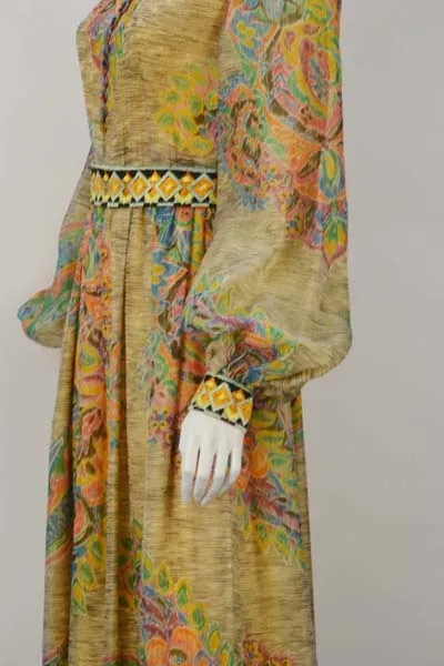 1970s Yellow Multi Print Embroidered Gown