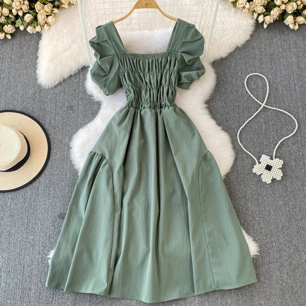 2024 New Summer Y2K Vintage Women Dress Elegant Puff Sleeve Big Swing Party Dress Korean Fashion Lady Outfits Vestidos