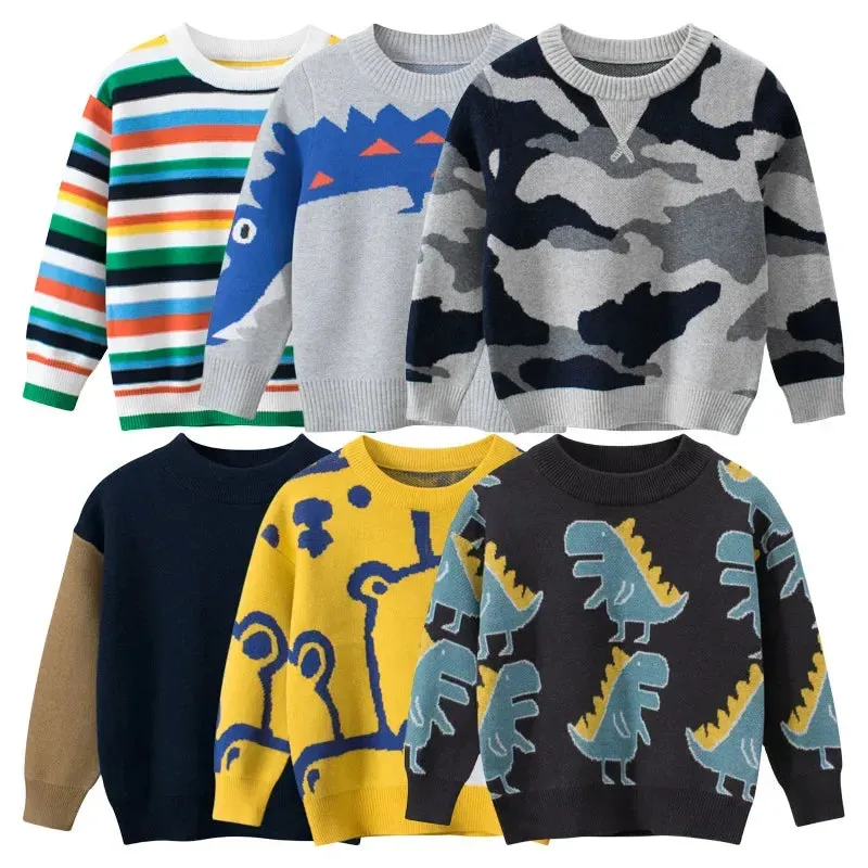 2024 Winter Clothes Boys Sweaters Casual Camouflage Knit Top Children's Pullover Long Sleeve Cartoon Print Warm Kids Outfits