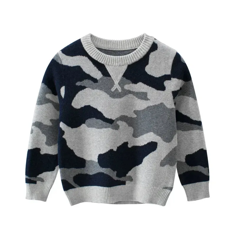 2024 Winter Clothes Boys Sweaters Casual Camouflage Knit Top Children's Pullover Long Sleeve Cartoon Print Warm Kids Outfits