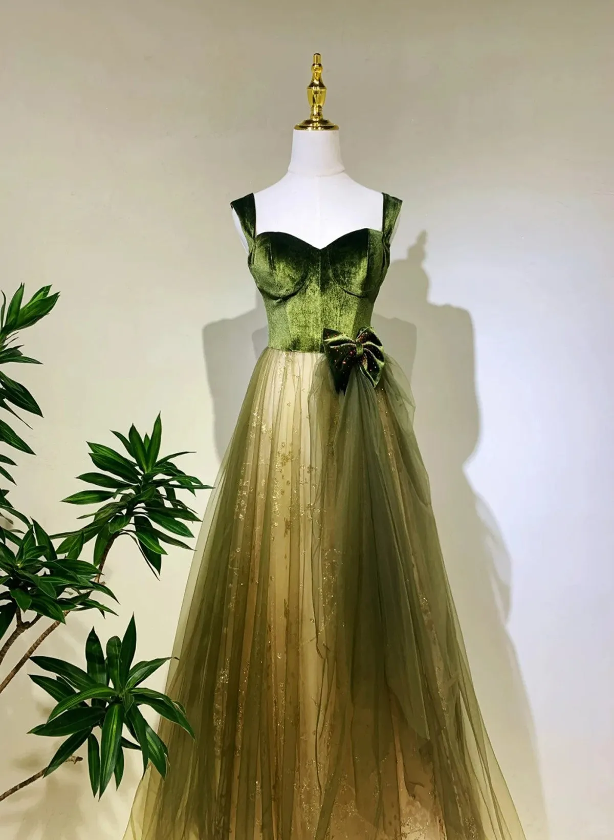 A-line Green Sweetheart Tulle and Velvet Party Dress, Green Long Evening Dress