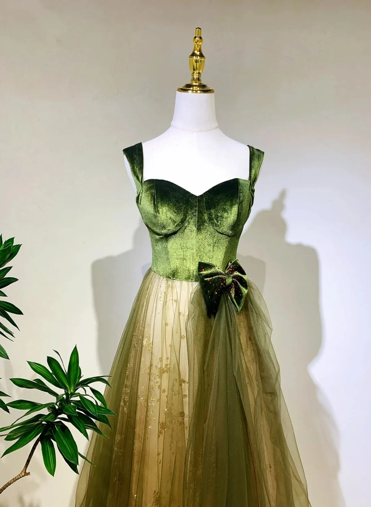 A-line Green Sweetheart Tulle and Velvet Party Dress, Green Long Evening Dress