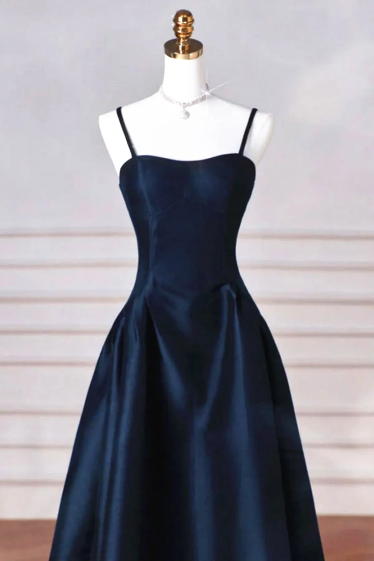 A-line Navy Blue Satin Straps Long Formal Dress, Navy Blue Prom Dress