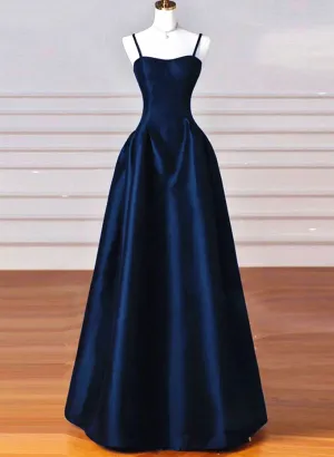 A-line Navy Blue Satin Straps Long Formal Dress, Navy Blue Prom Dress