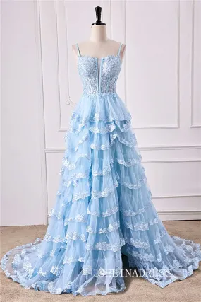 A-Line Spaghetti Straps Light Blue Floral Layers Long Prom Dress with Slit lps028