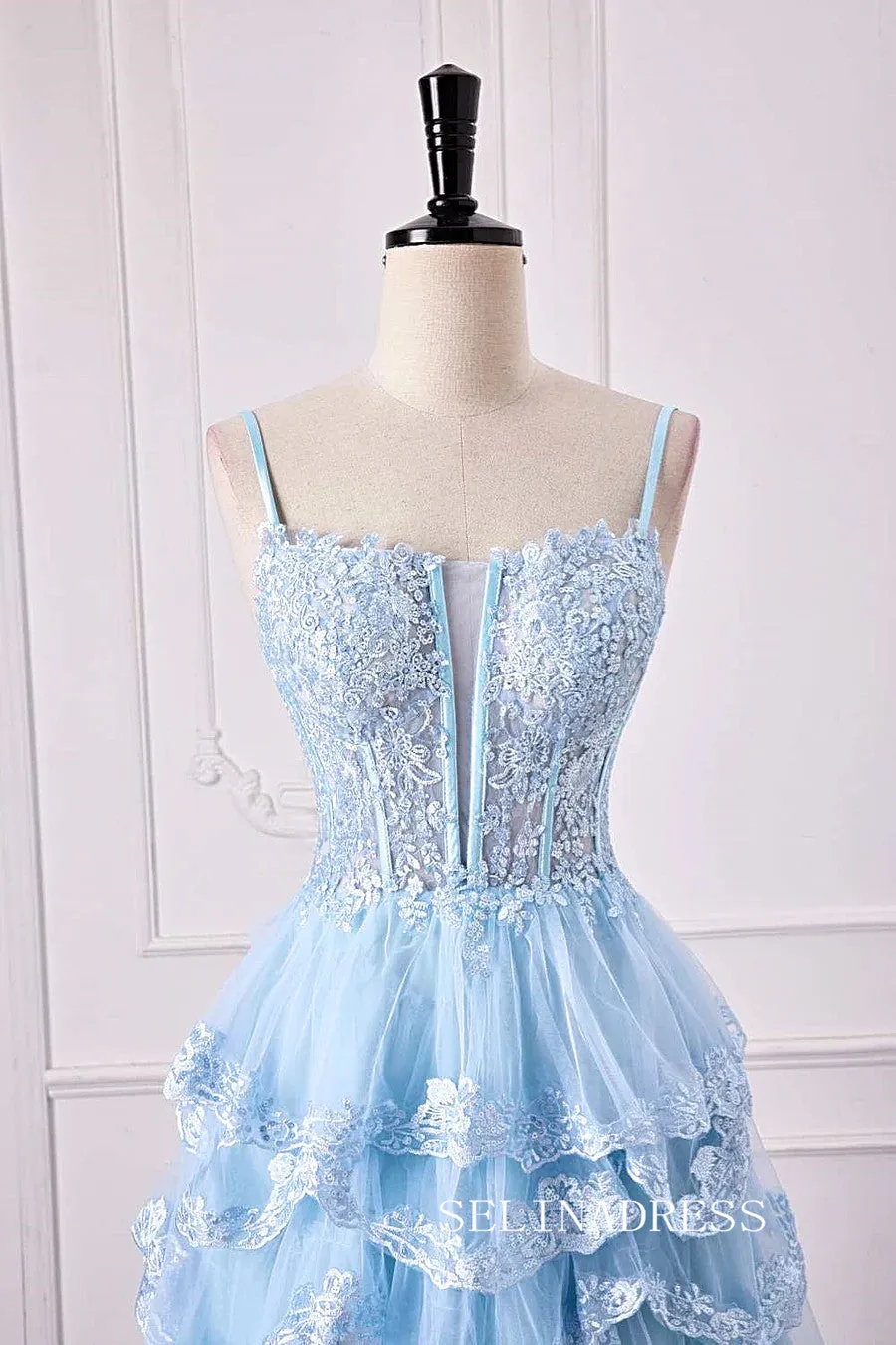 A-Line Spaghetti Straps Light Blue Floral Layers Long Prom Dress with Slit lps028