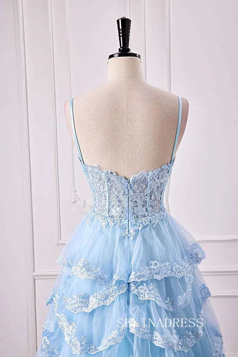 A-Line Spaghetti Straps Light Blue Floral Layers Long Prom Dress with Slit lps028