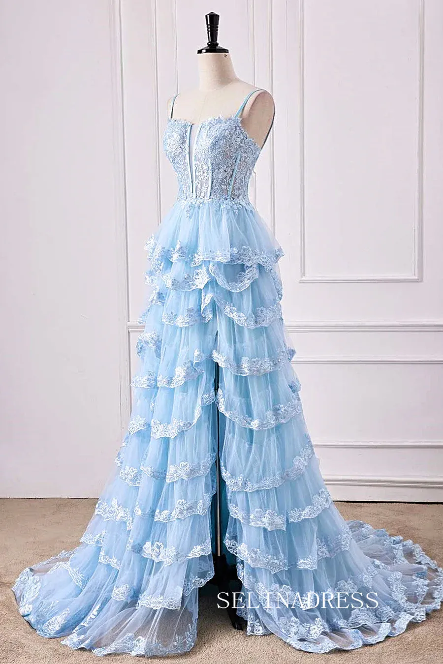 A-Line Spaghetti Straps Light Blue Floral Layers Long Prom Dress with Slit lps028