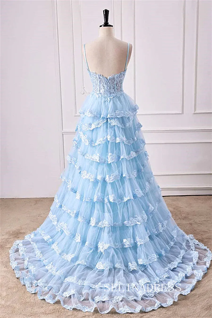 A-Line Spaghetti Straps Light Blue Floral Layers Long Prom Dress with Slit lps028