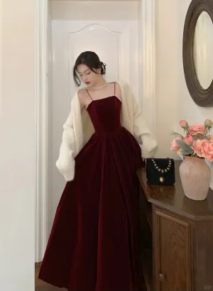 A-line Straps Wine Red Velvet Long Formal Dress, Wine Red Prom Dress