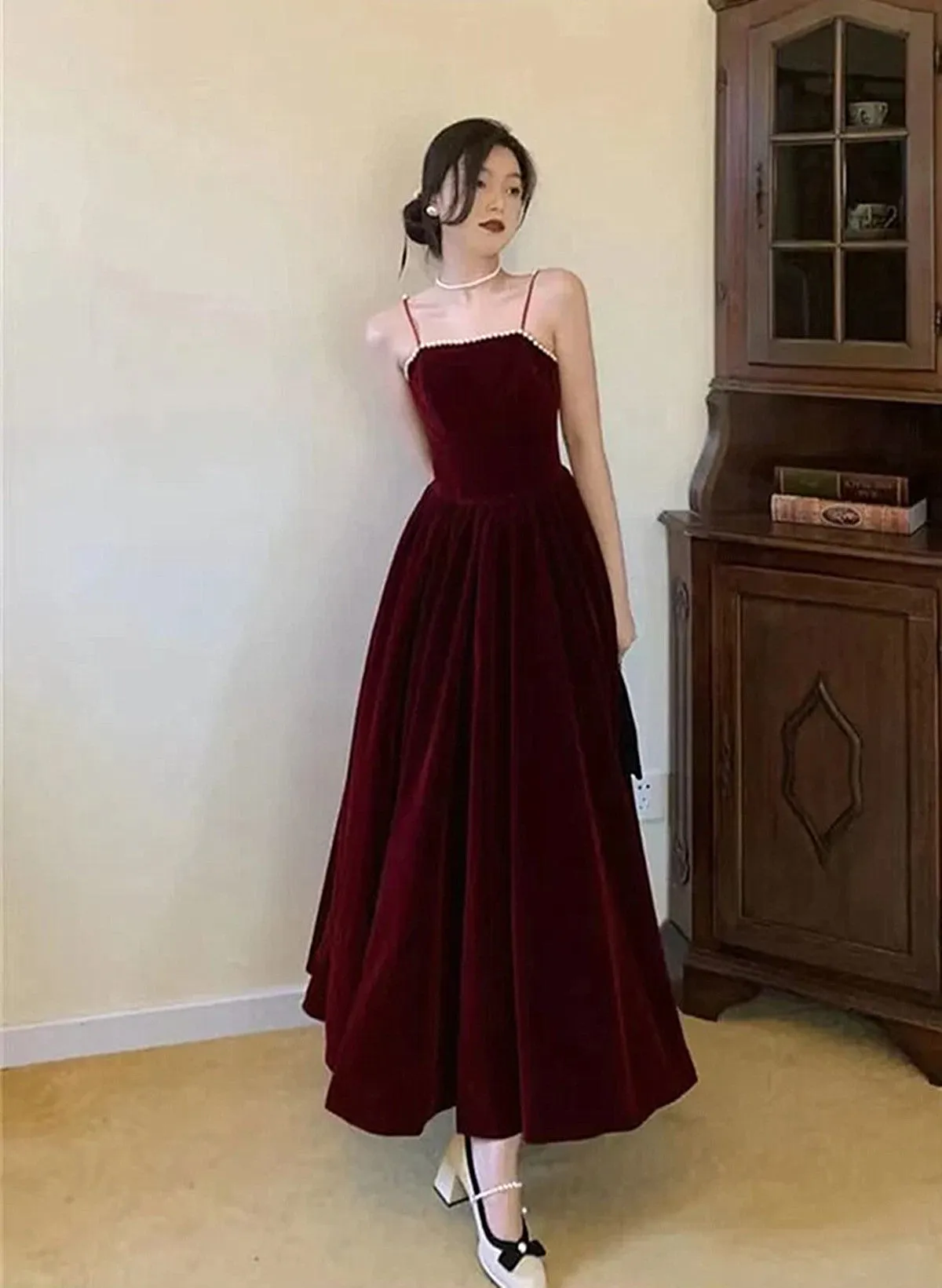 A-line Straps Wine Red Velvet Long Formal Dress, Wine Red Prom Dress