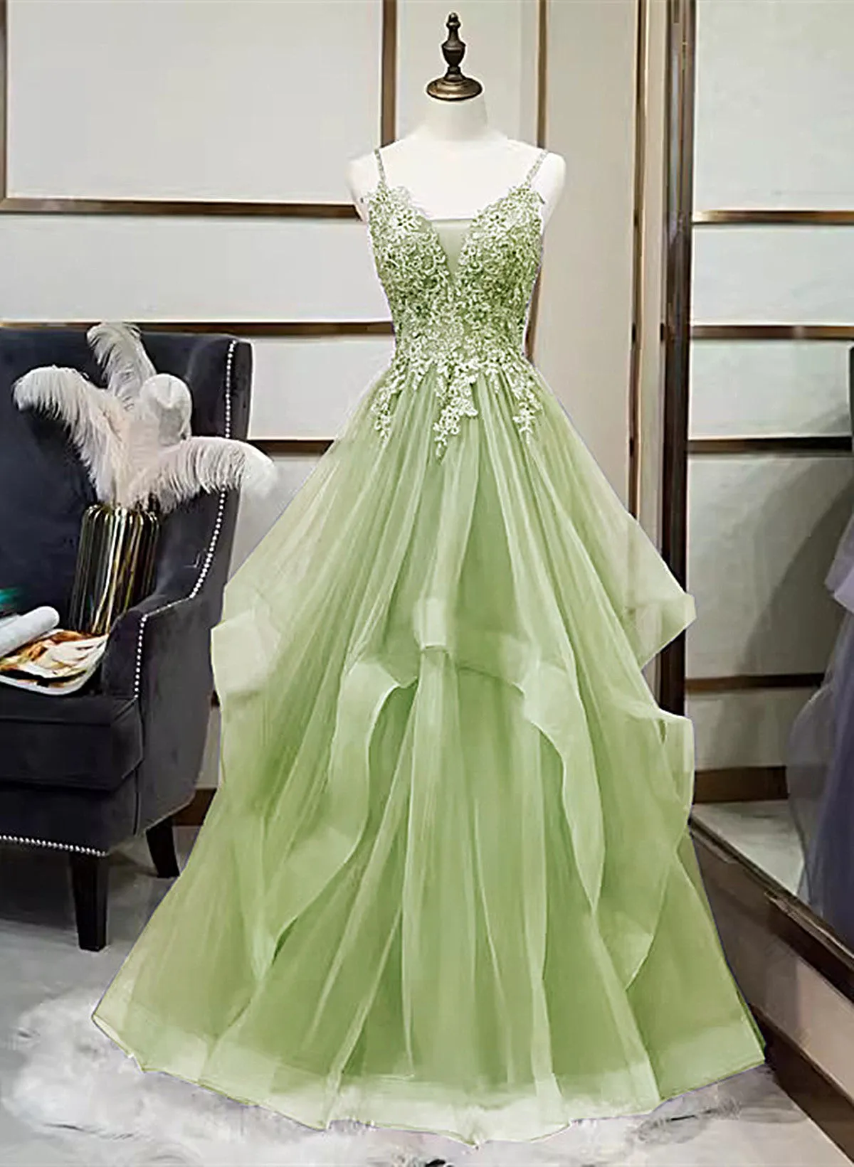 A-line Tulle with Lace Applique Straps Long Party Dress, Green Tulle Prom Dress