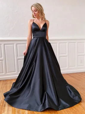 A Line V Neck Backless Black Long Prom, Backless Black Formal, Black Evening, Party