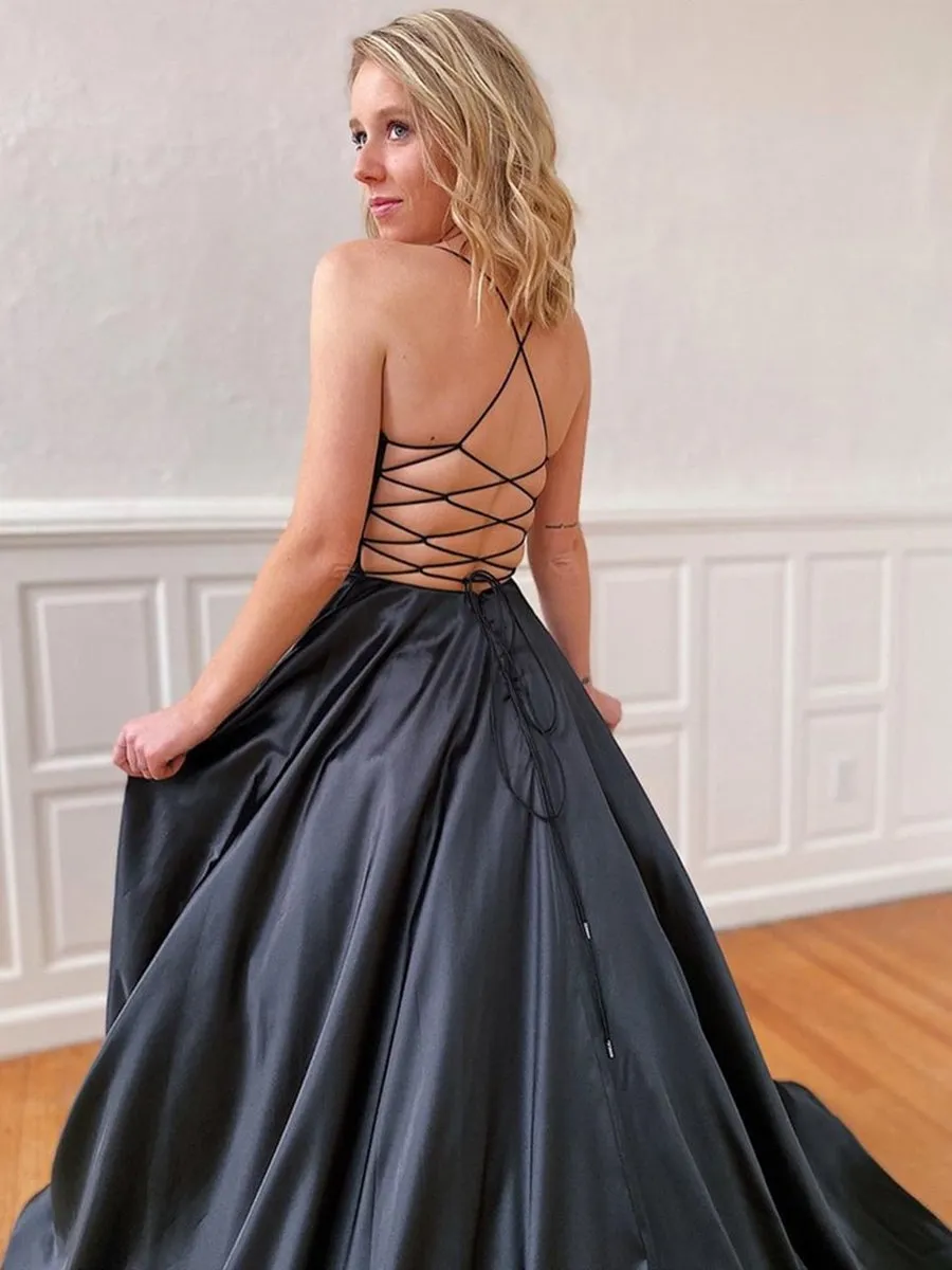 A Line V Neck Backless Black Long Prom, Backless Black Formal, Black Evening, Party