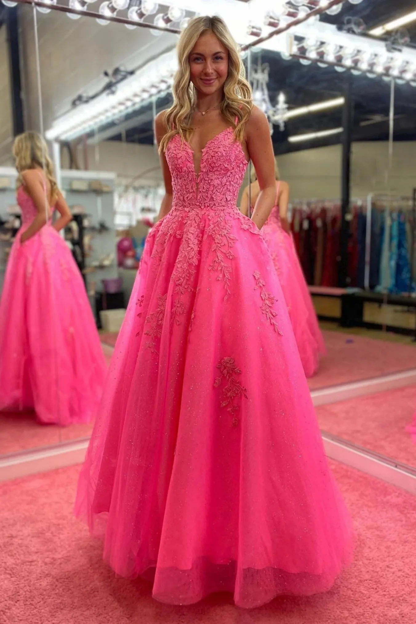 A Line V Neck Open Back Hot Pink Lace Long Prom Dresses with Pocket, Hot Pink Lace Formal Dresses, Hot Pink Evening Dresses A2232