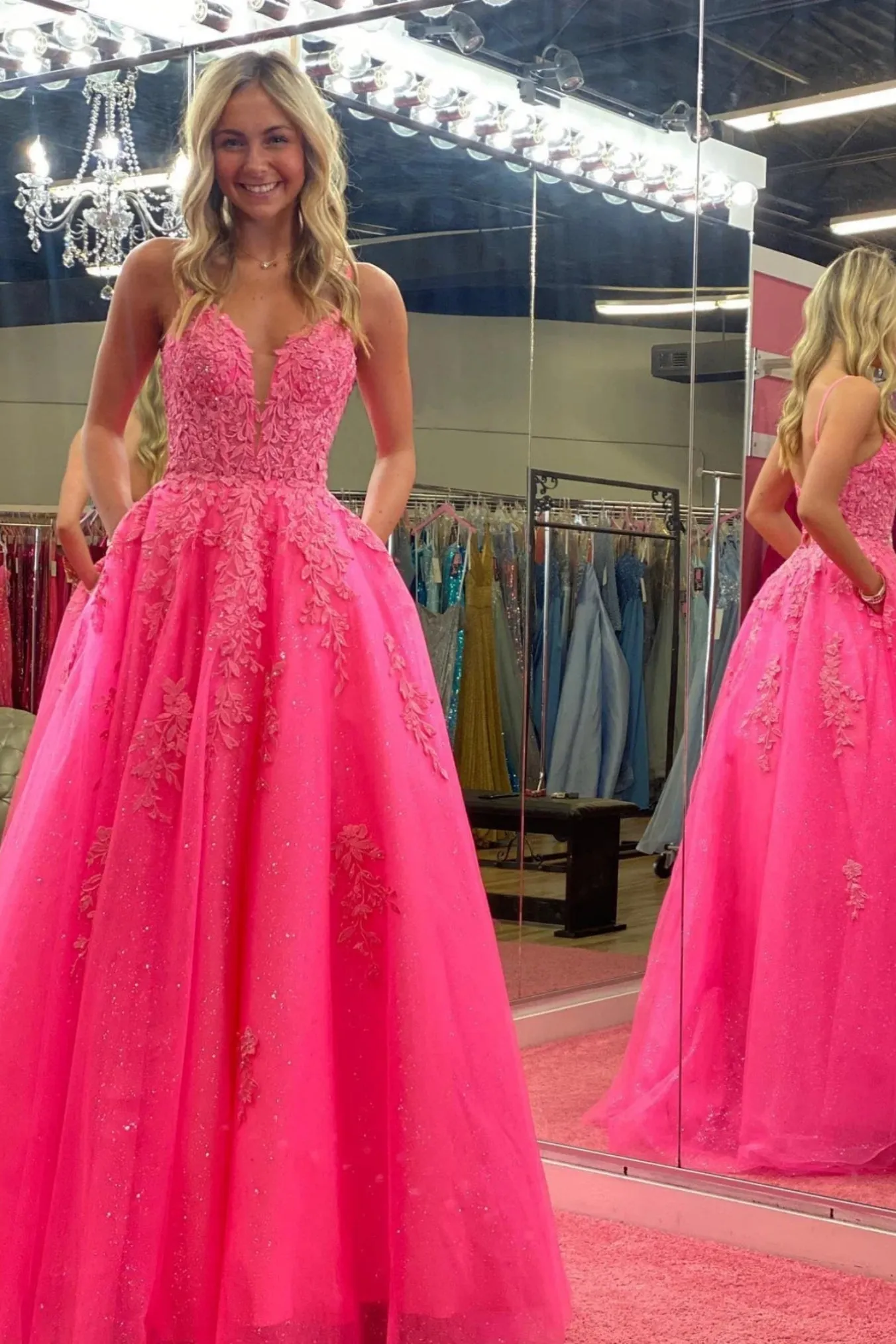 A Line V Neck Open Back Hot Pink Lace Long Prom Dresses with Pocket, Hot Pink Lace Formal Dresses, Hot Pink Evening Dresses A2232