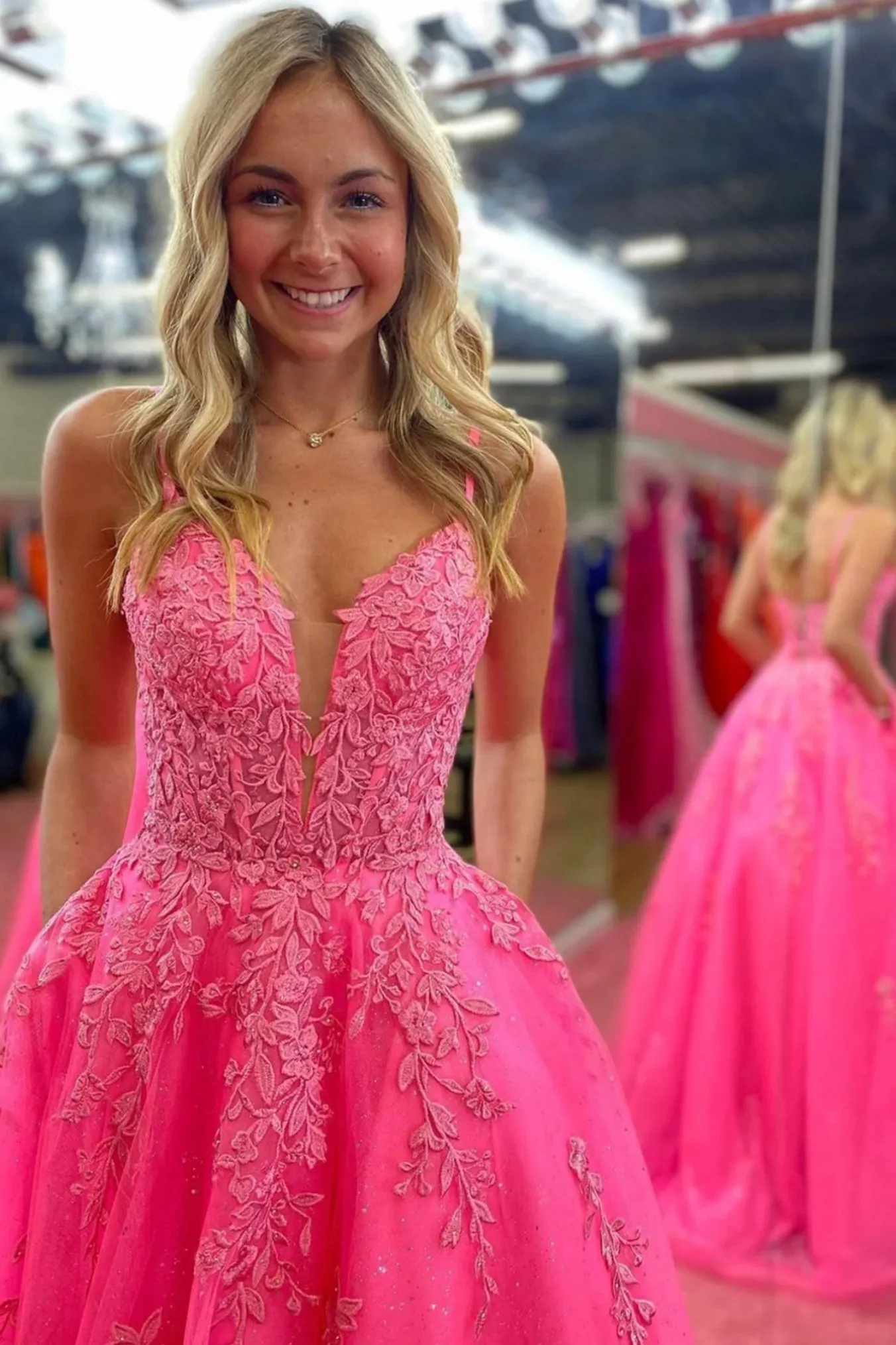 A Line V Neck Open Back Hot Pink Lace Long Prom Dresses with Pocket, Hot Pink Lace Formal Dresses, Hot Pink Evening Dresses A2232