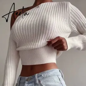 Aiertu New Sexy Off Shoulder Women' Sweater Jumper Spring Long Sleeve Knitted Crop Tops Fashion Solid Lady Pullover Sweaters Streetwear