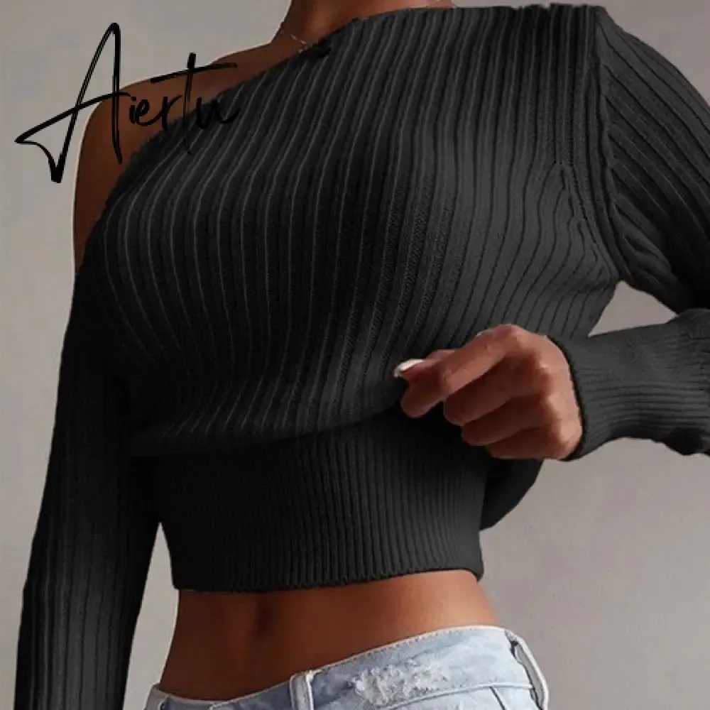 Aiertu New Sexy Off Shoulder Women' Sweater Jumper Spring Long Sleeve Knitted Crop Tops Fashion Solid Lady Pullover Sweaters Streetwear