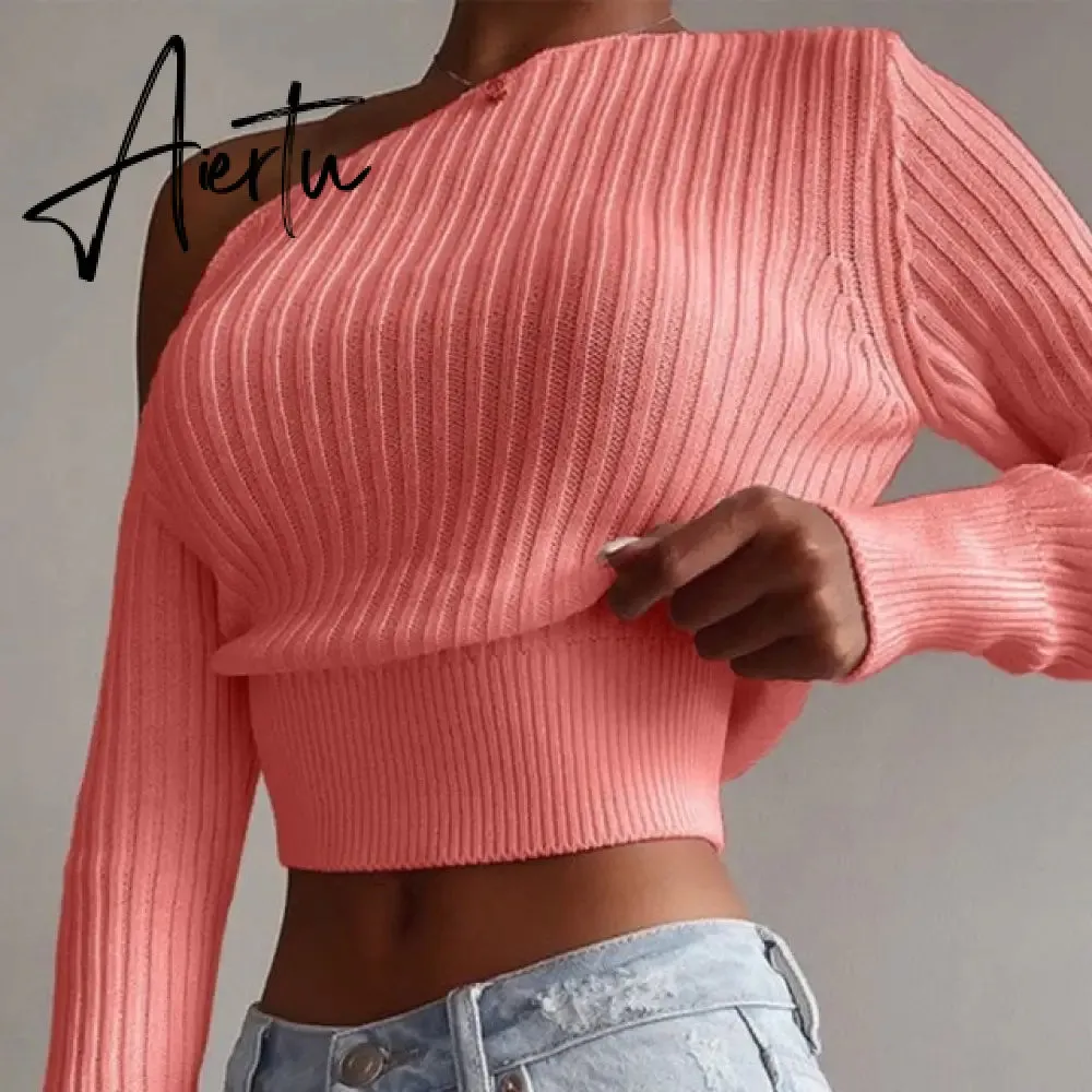 Aiertu New Sexy Off Shoulder Women' Sweater Jumper Spring Long Sleeve Knitted Crop Tops Fashion Solid Lady Pullover Sweaters Streetwear