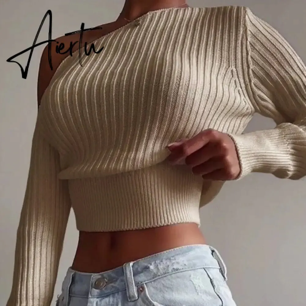 Aiertu New Sexy Off Shoulder Women' Sweater Jumper Spring Long Sleeve Knitted Crop Tops Fashion Solid Lady Pullover Sweaters Streetwear