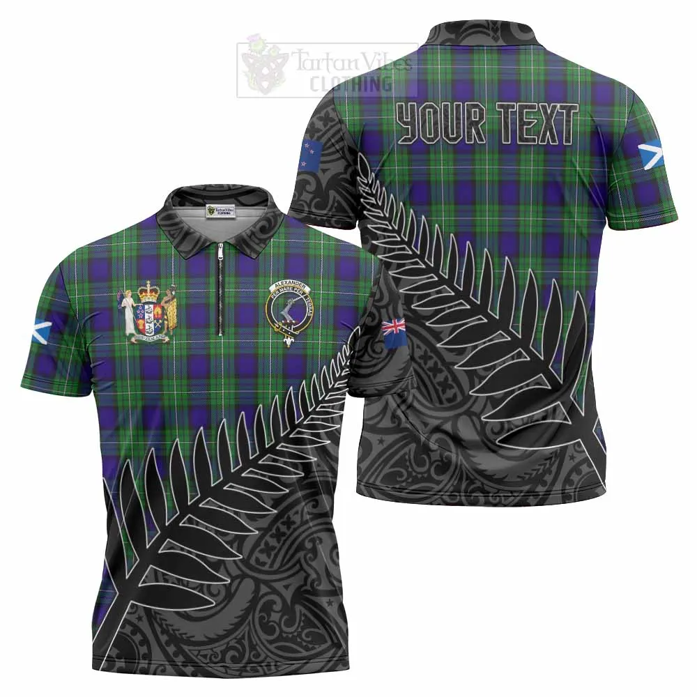 Alexander Crest Tartan Zipper Polo Shirt with New Zealand Silver Fern Half Style