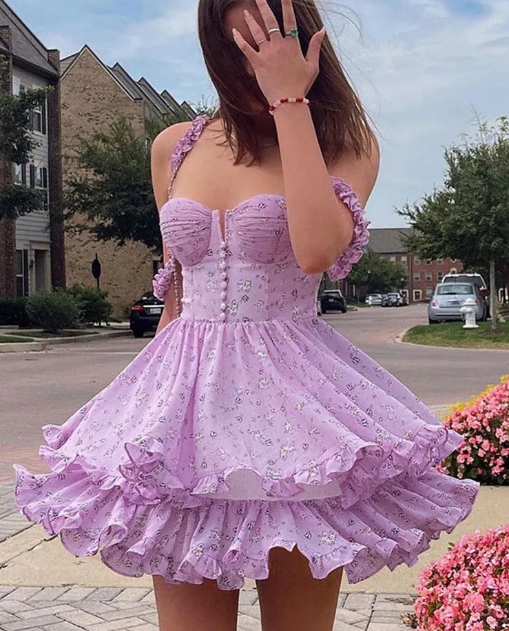 Amozae-hoco dresses  Purple Floral Pleated Mini Dress Spaghetti Strap A-Line Ruffles Summer Dress   Off Shoulder Backless Birthday Party Dresses