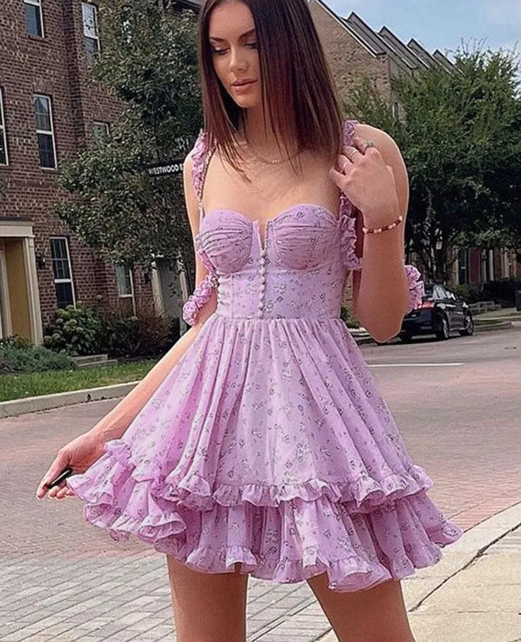 Amozae-hoco dresses  Purple Floral Pleated Mini Dress Spaghetti Strap A-Line Ruffles Summer Dress   Off Shoulder Backless Birthday Party Dresses