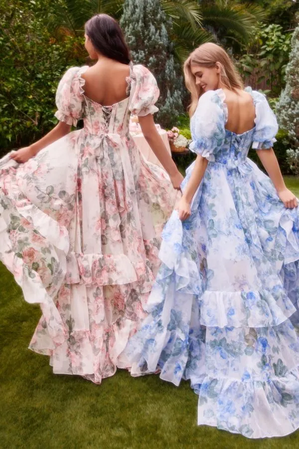 Andrea & Leo Couture A1336 Long Floral Print Puff Sleeve Prom Dress Ruffle Maxi Slit Formal