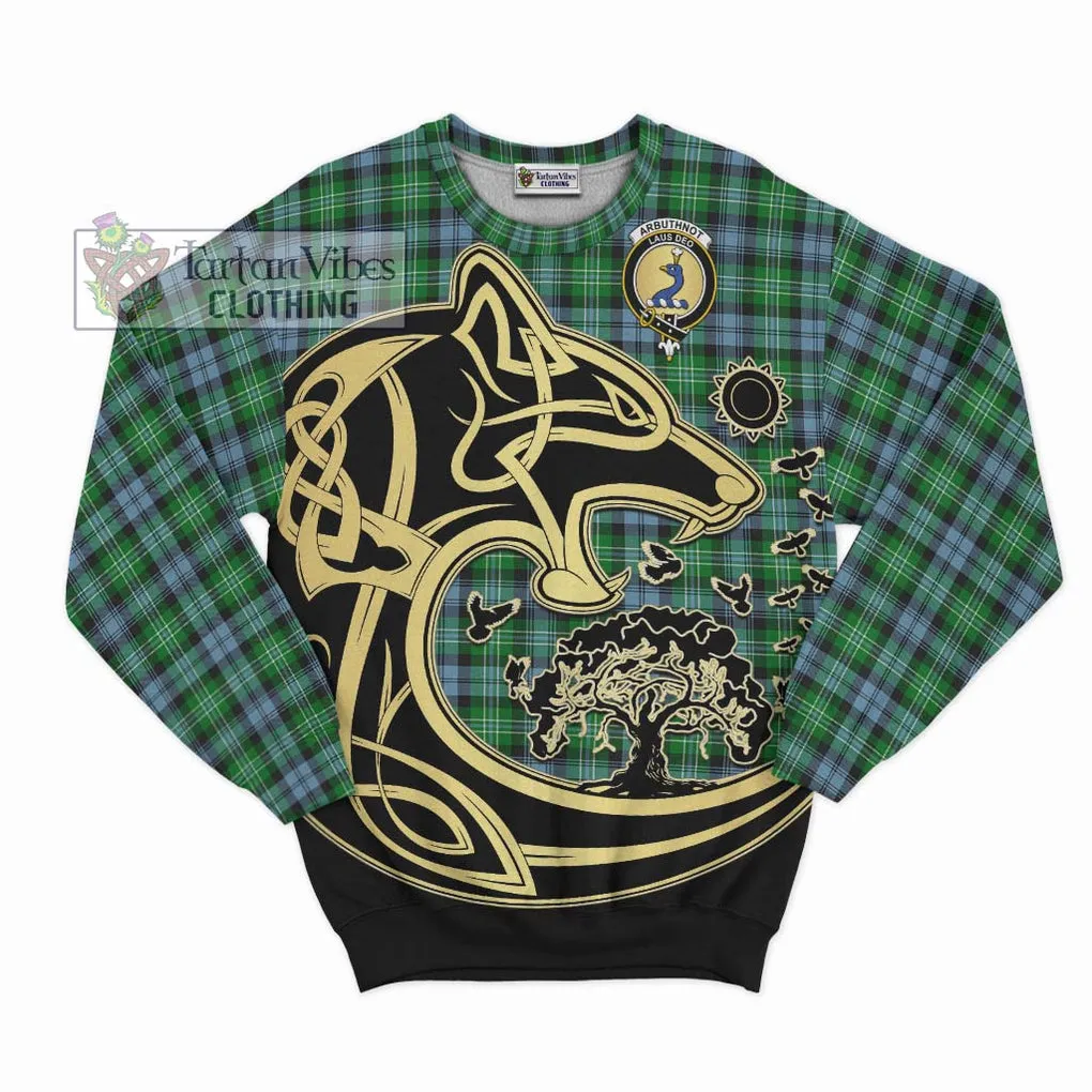 Arbuthnot Ancient Tartan Sweatshirt with Family Crest Celtic Wolf Style