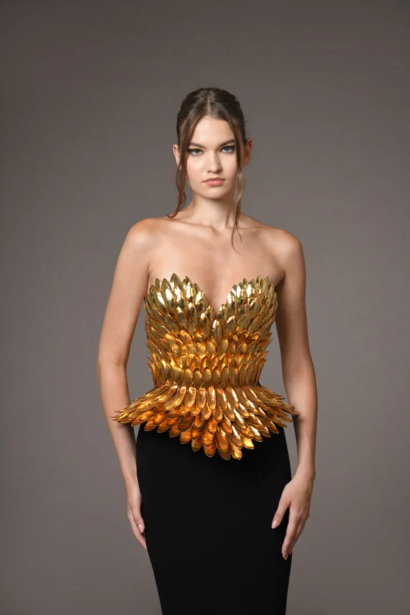 Armor gold-plated corset hand-crafted from solid brass paired with a black silk crêpe skirt