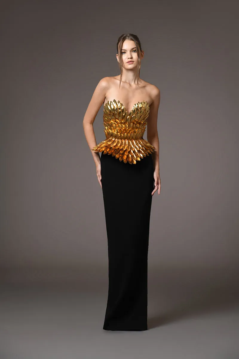 Armor gold-plated corset hand-crafted from solid brass paired with a black silk crêpe skirt