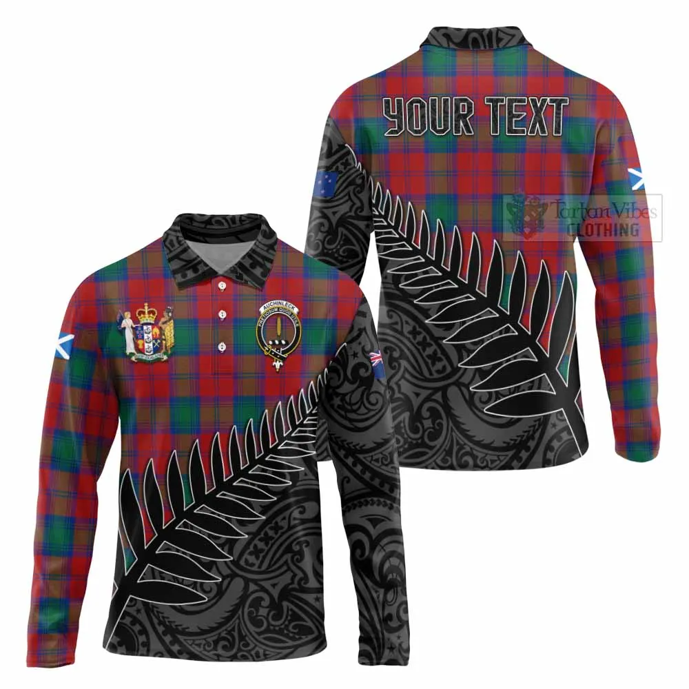 Auchinleck (Affleck) Crest Tartan Long Sleeve Polo Shirt with New Zealand Silver Fern Half Style