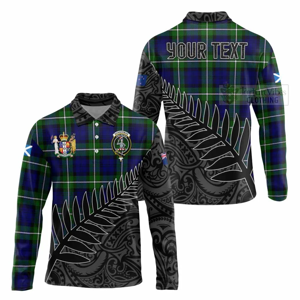 Bannerman Crest Tartan Long Sleeve Polo Shirt with New Zealand Silver Fern Half Style