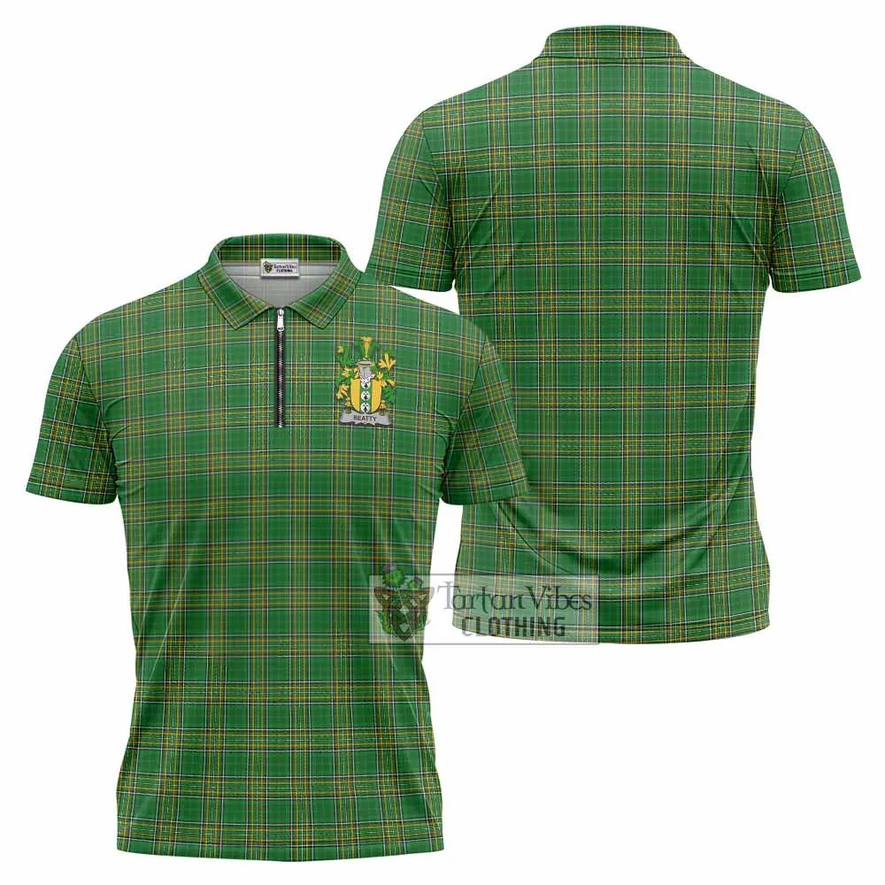 Beatty Irish Clan Tartan Zipper Polo Shirt with Coat of Arms