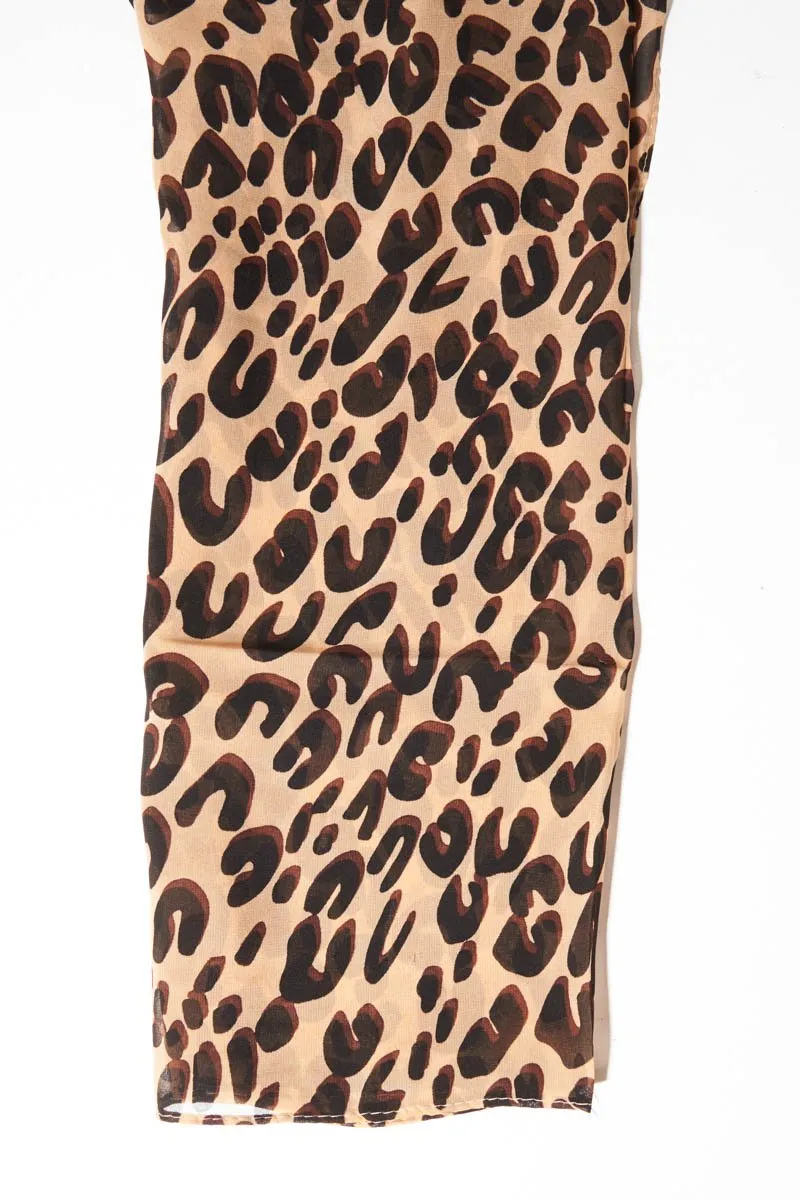 Beige Leopard Print Chiffon Scarf - Adell