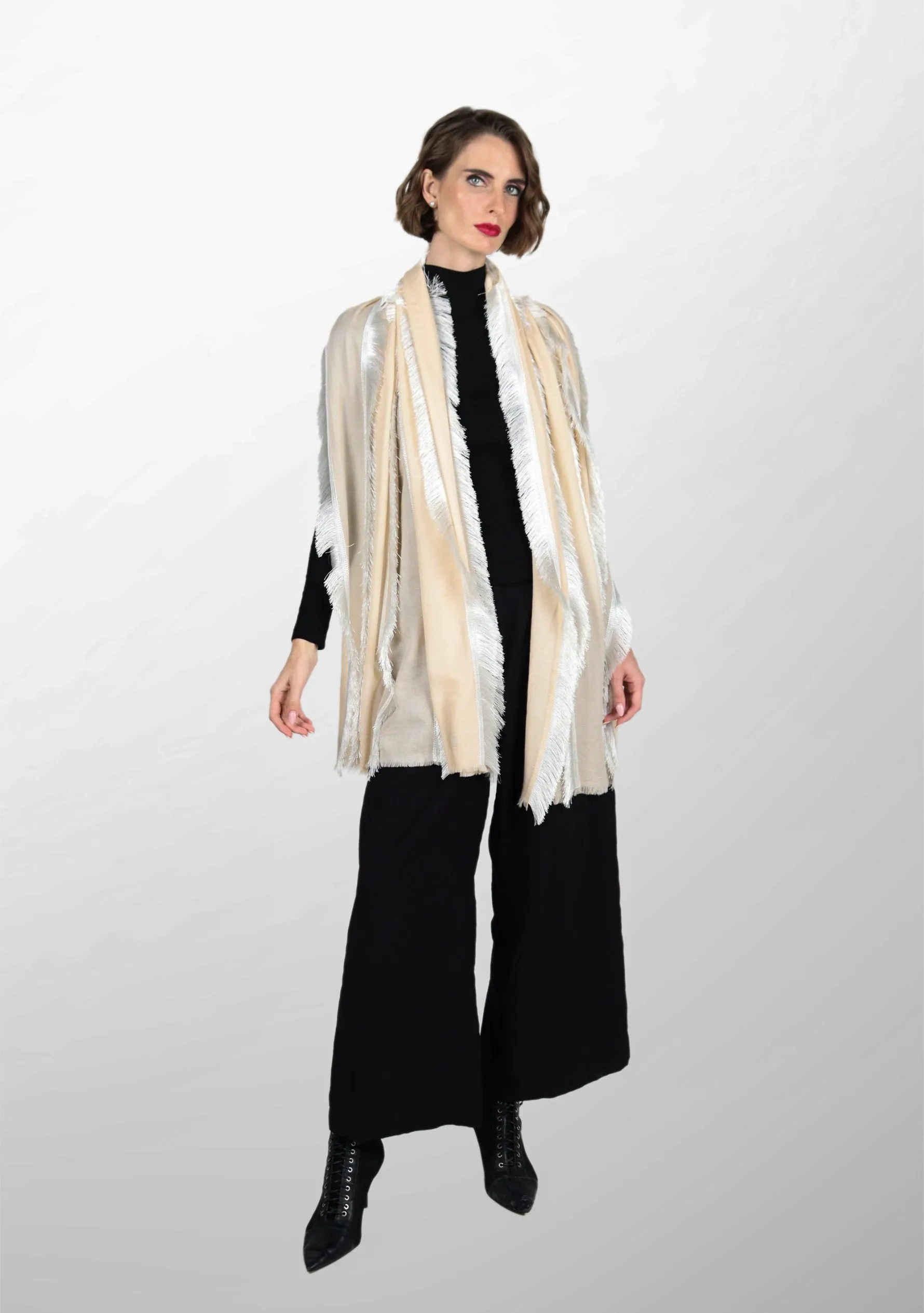 Beige Wool and Silk Scarf with White Fringe Panels